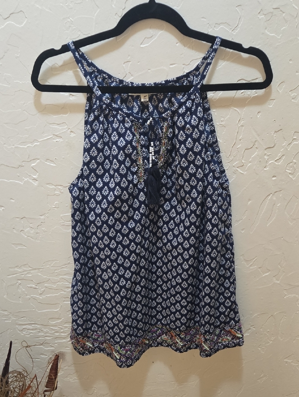 Solitaire Navy & White Printed Halter Camisole with Tassel Detail
